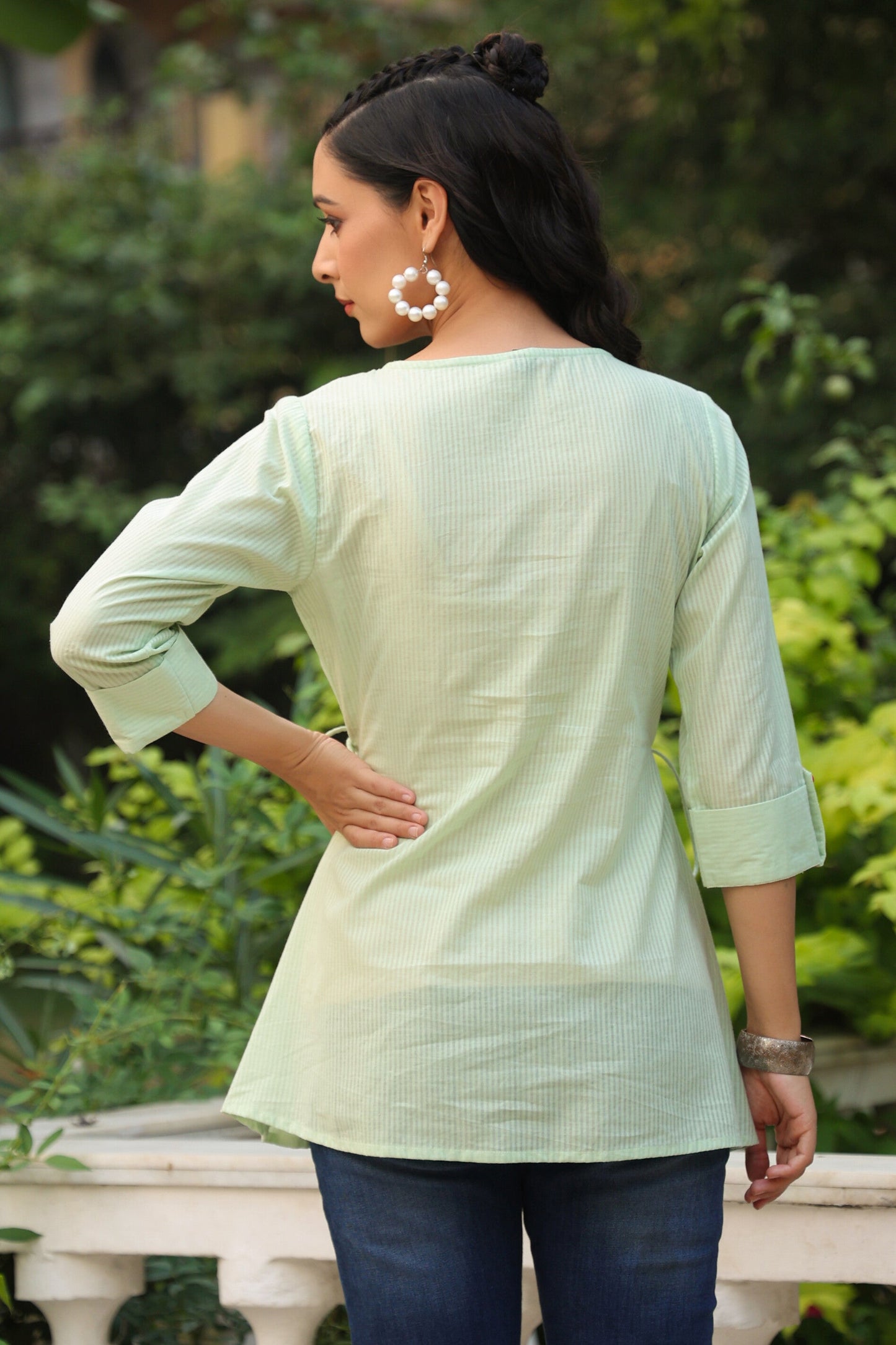 Green Cotton Dobby Solid Embroidered  Straight Tunic