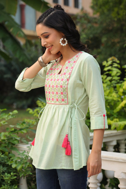 Green Cotton Dobby Solid Embroidered  Straight Tunic