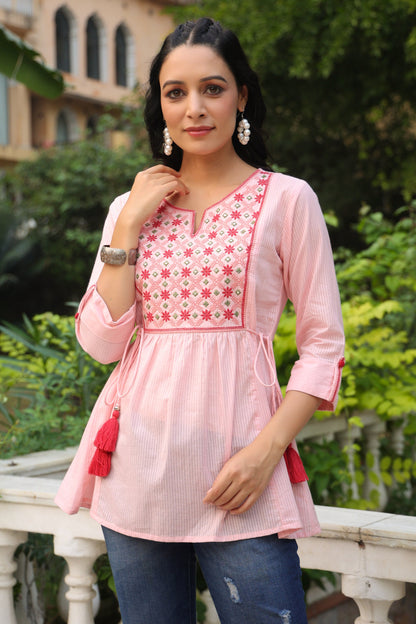 Peach Cotton Dobby Solid Embroidered  Straight Tunic
