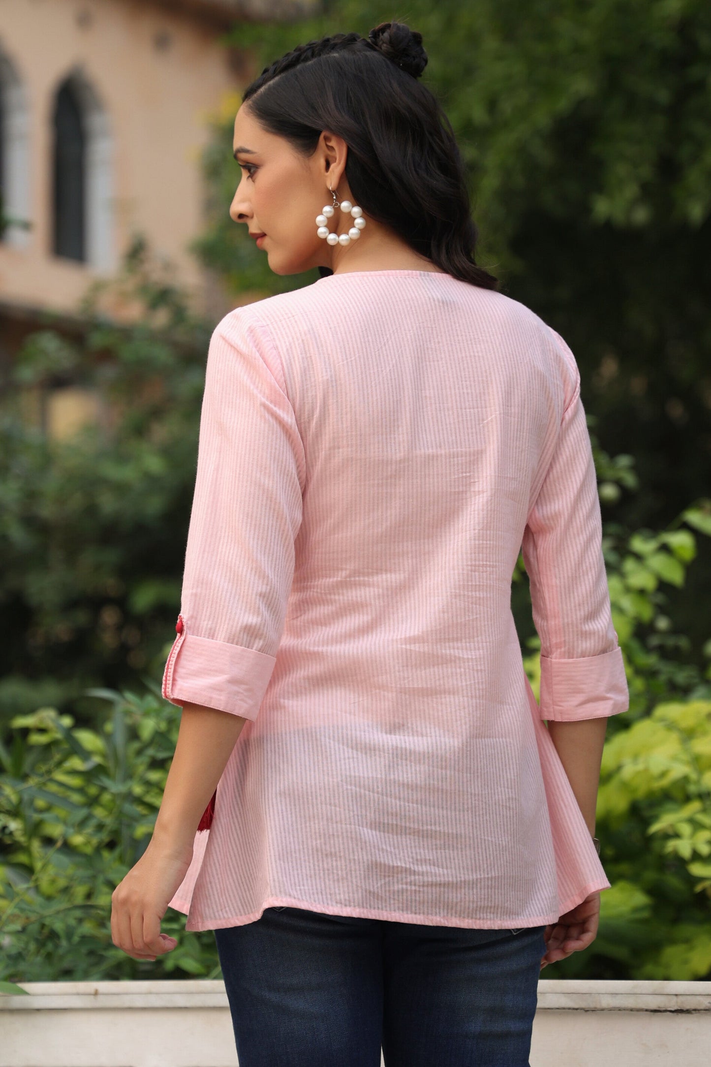 Peach Cotton Dobby Solid Embroidered  Straight Tunic