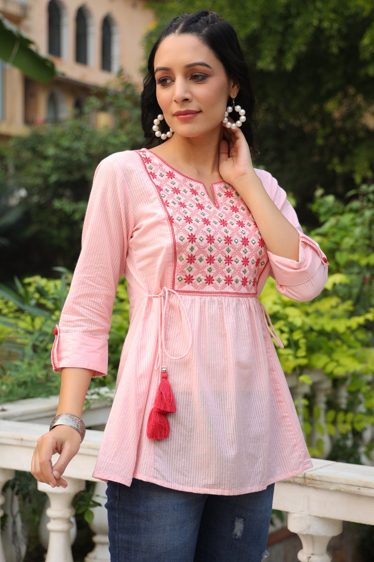 Peach Cotton Dobby Solid Embroidered  Straight Tunic