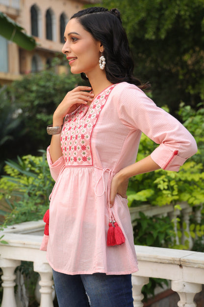 Peach Cotton Dobby Solid Embroidered  Straight Tunic