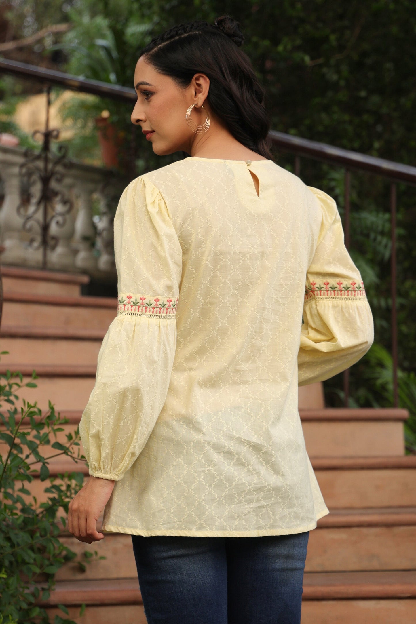Lemon Cotton Dobby Solid Embroidered  Straight Tunic