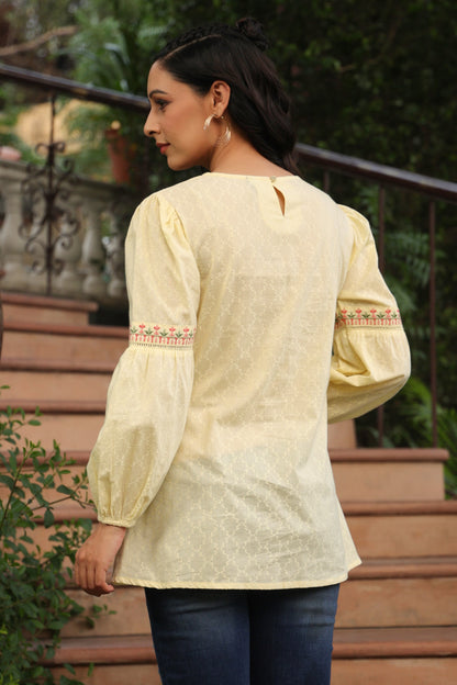 Lemon Cotton Dobby Solid Embroidered  Straight Tunic
