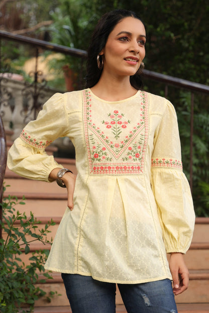 Lemon Cotton Dobby Solid Embroidered  Straight Tunic