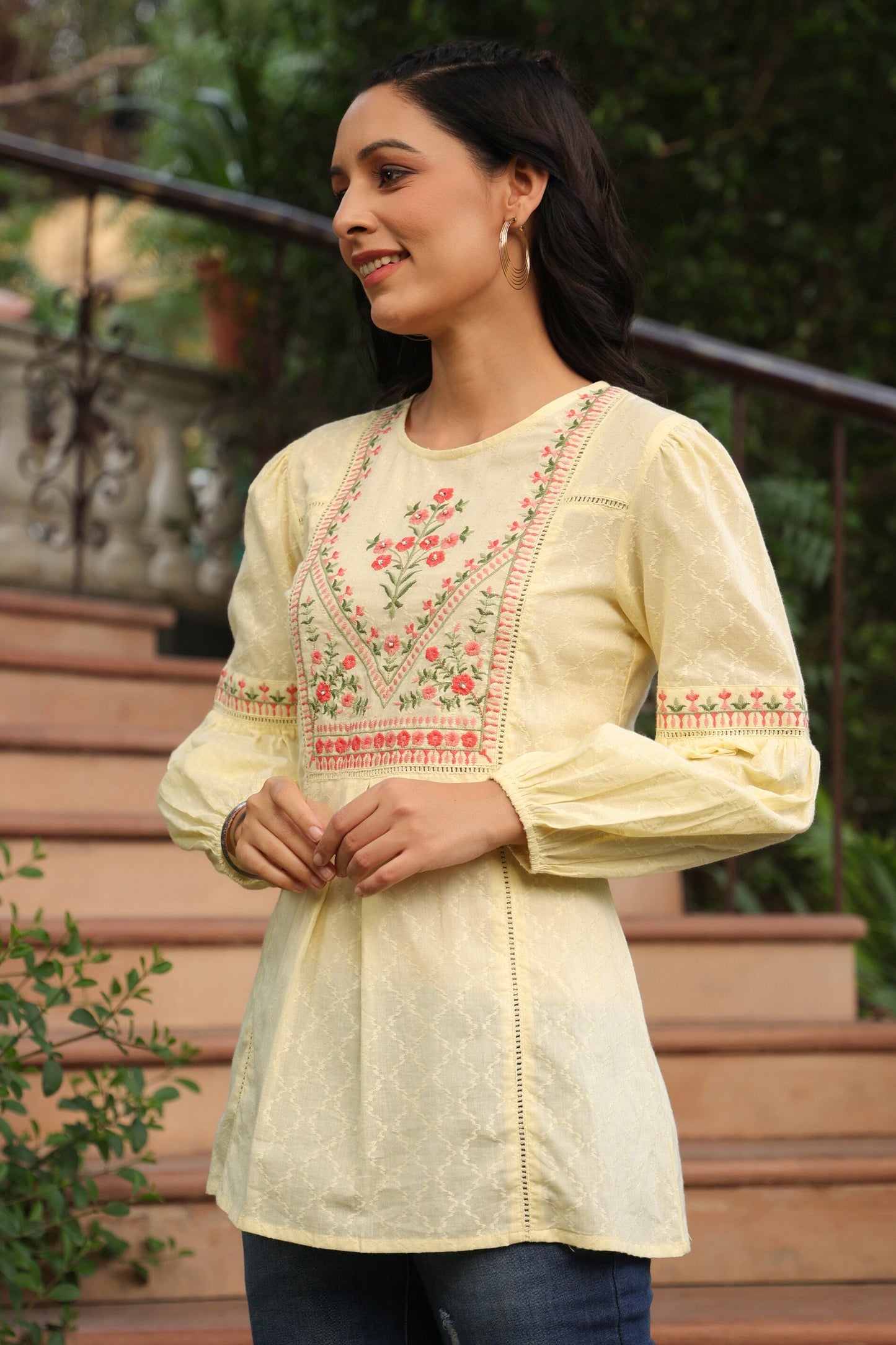 Lemon Cotton Dobby Solid Embroidered  Straight Tunic