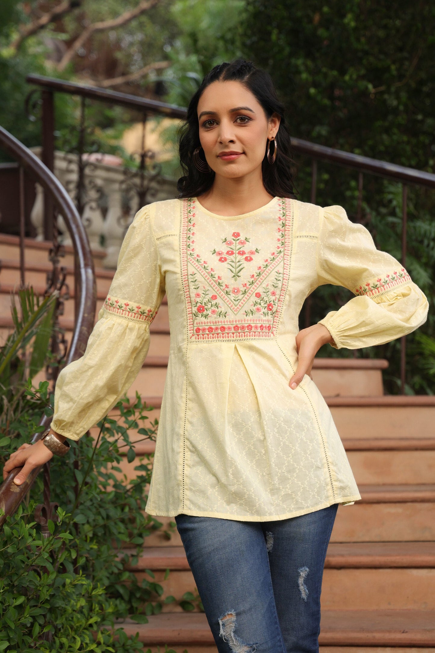 Lemon Cotton Dobby Solid Embroidered  Straight Tunic
