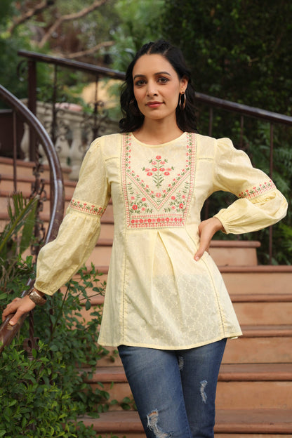 Lemon Cotton Dobby Solid Embroidered  Straight Tunic