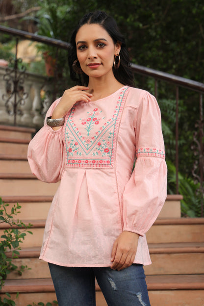 Peach Cotton Dobby Solid Embroidered  Straight Tunic