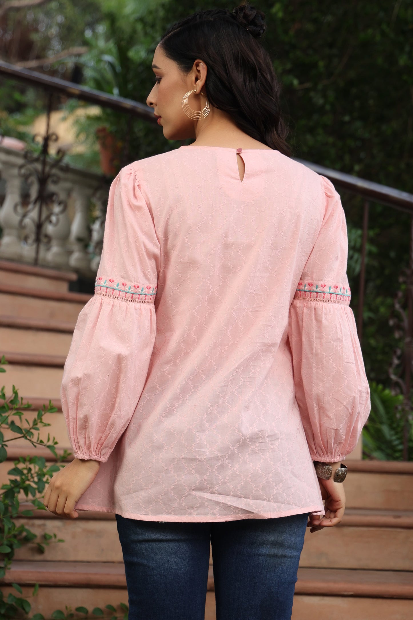 Peach Cotton Dobby Solid Embroidered  Straight Tunic