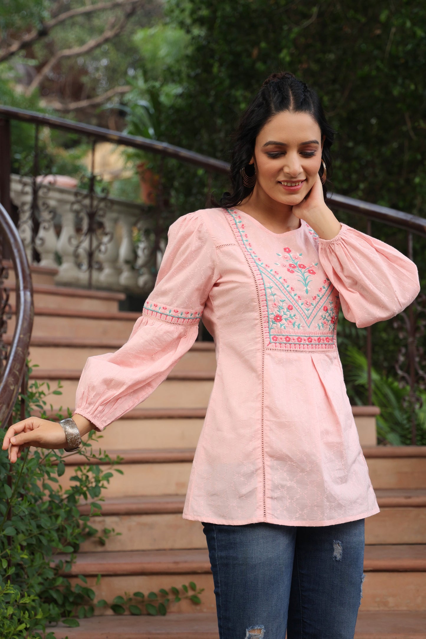 Peach Cotton Dobby Solid Embroidered  Straight Tunic