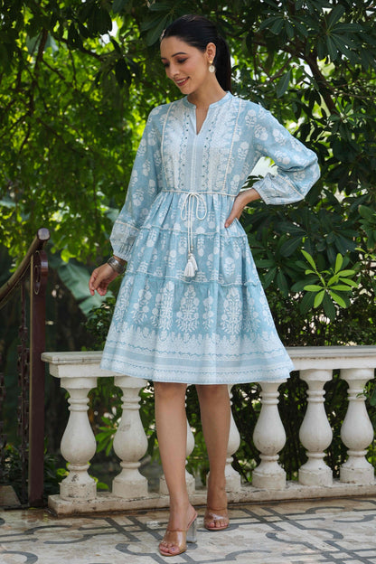 Skyblue Rayon Floral Printed Short Tiered Dress