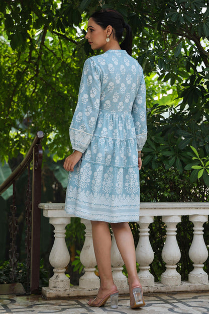 Skyblue Rayon Floral Printed Short Tiered Dress