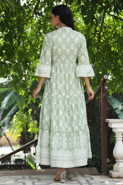 Green Cambric Floral Printed Maxi Tiered Dress