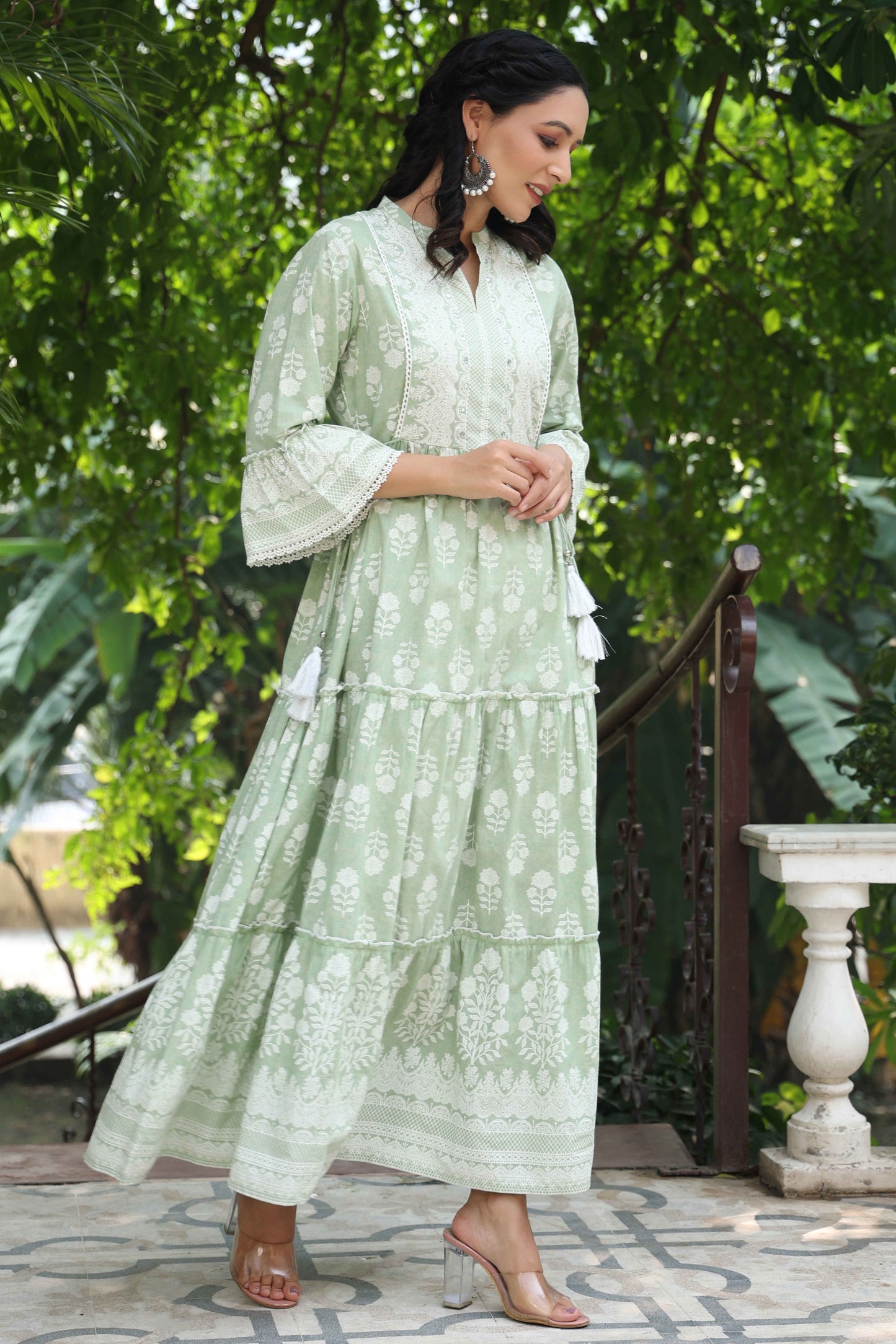 Green Cambric Floral Printed Maxi Tiered Dress