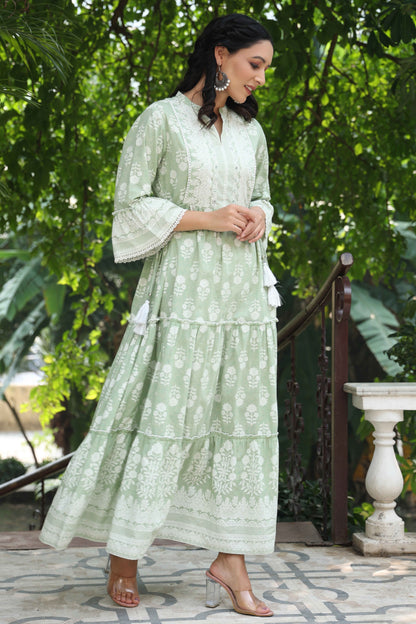 Green Cambric Floral Printed Maxi Tiered Dress