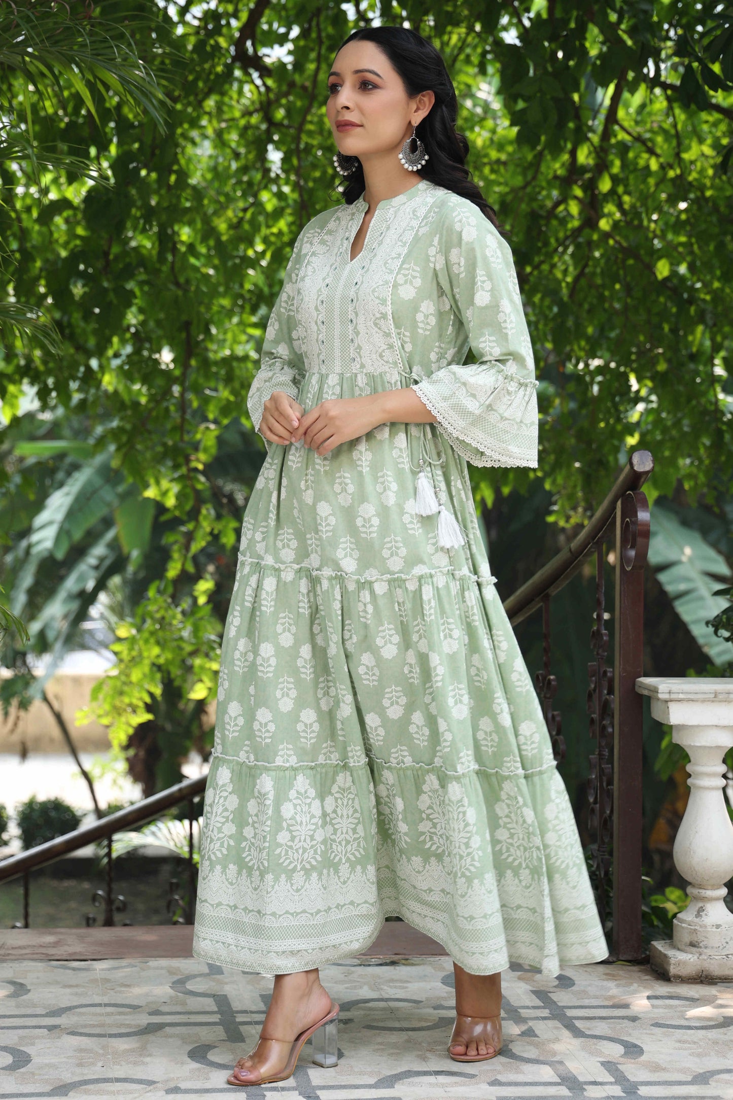Green Cambric Floral Printed Maxi Tiered Dress