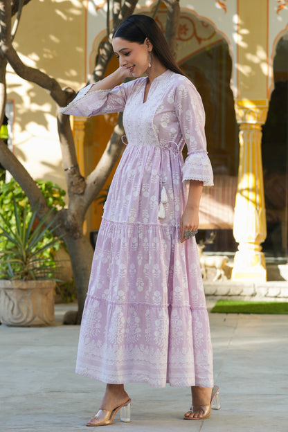 Lavender Cambric Floral Printed Maxi Tiered Dress