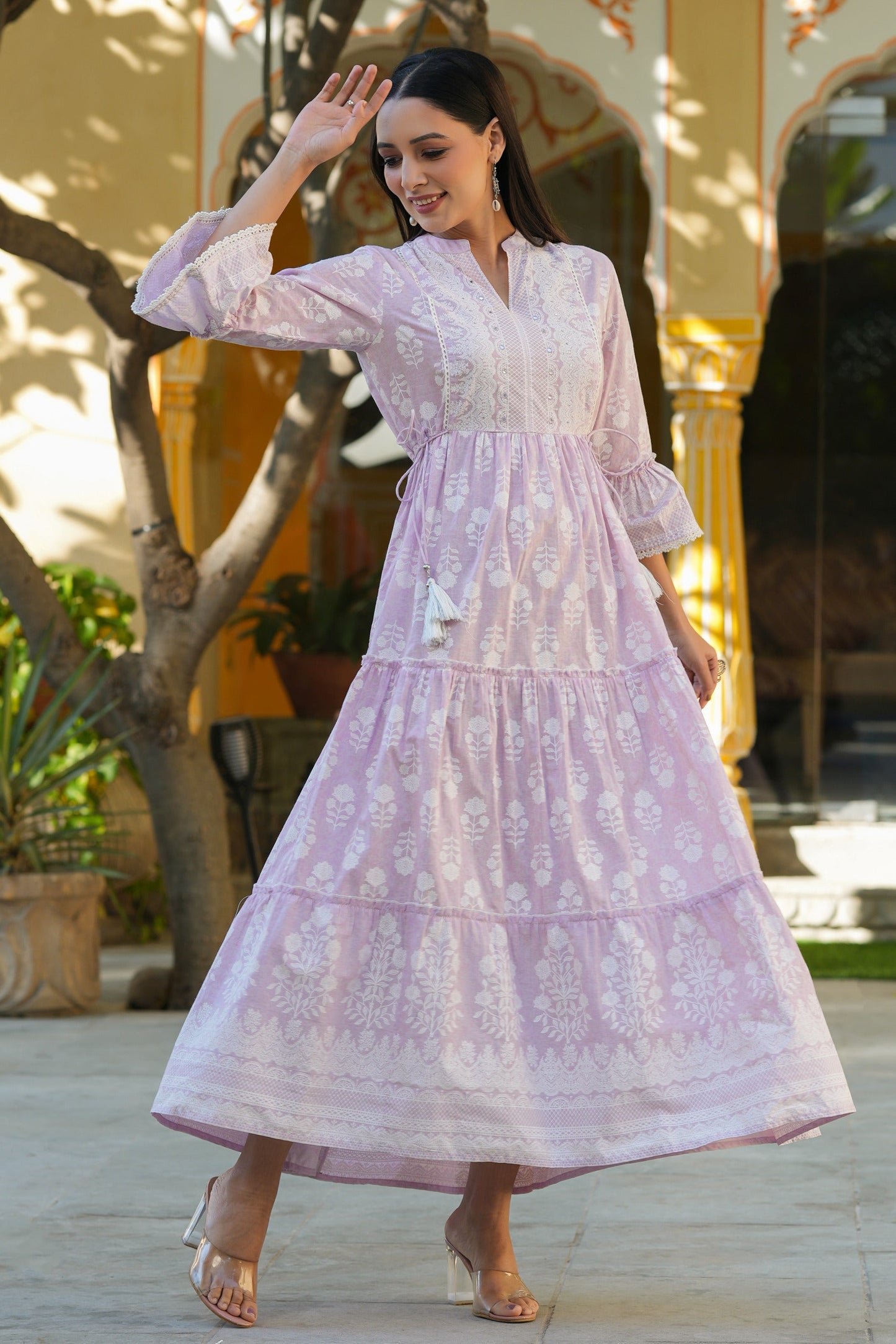 Lavender Cambric Floral Printed Maxi Tiered Dress