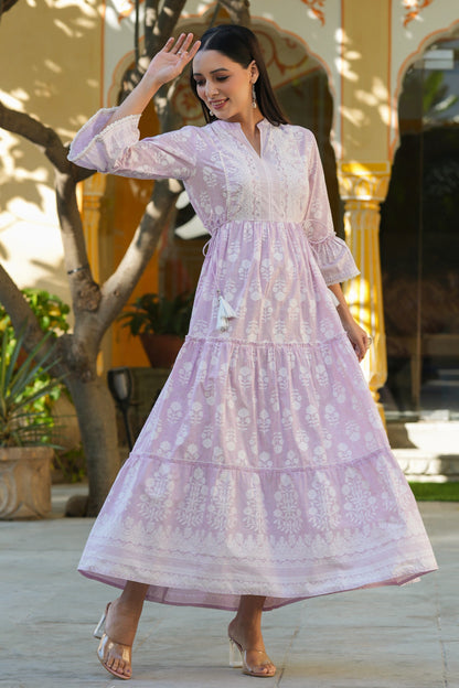 Lavender Cambric Floral Printed Maxi Tiered Dress