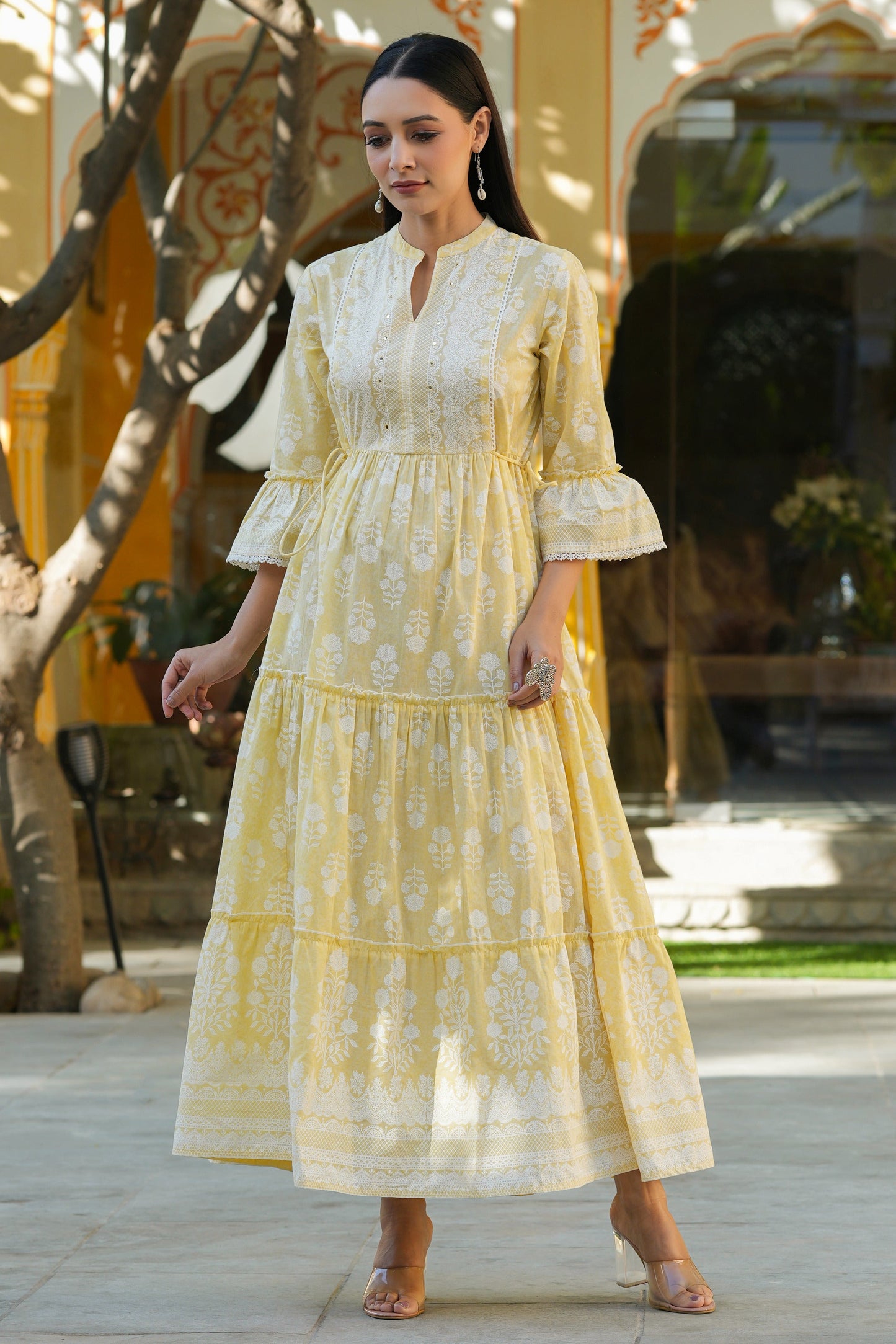 Lemon Yellow  Printed Tiered Dress