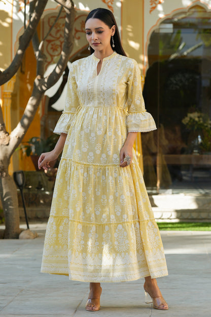 Lemon Yellow  Printed Tiered Dress