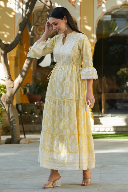 Lemon Yellow  Printed Tiered Dress