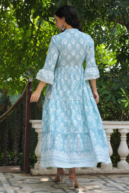 Skyblue Cambric Floral Printed Maxi Tiered Dress