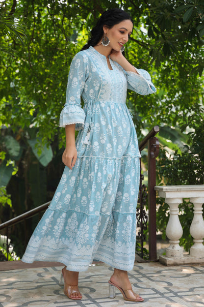 Skyblue Cambric Floral Printed Maxi Tiered Dress