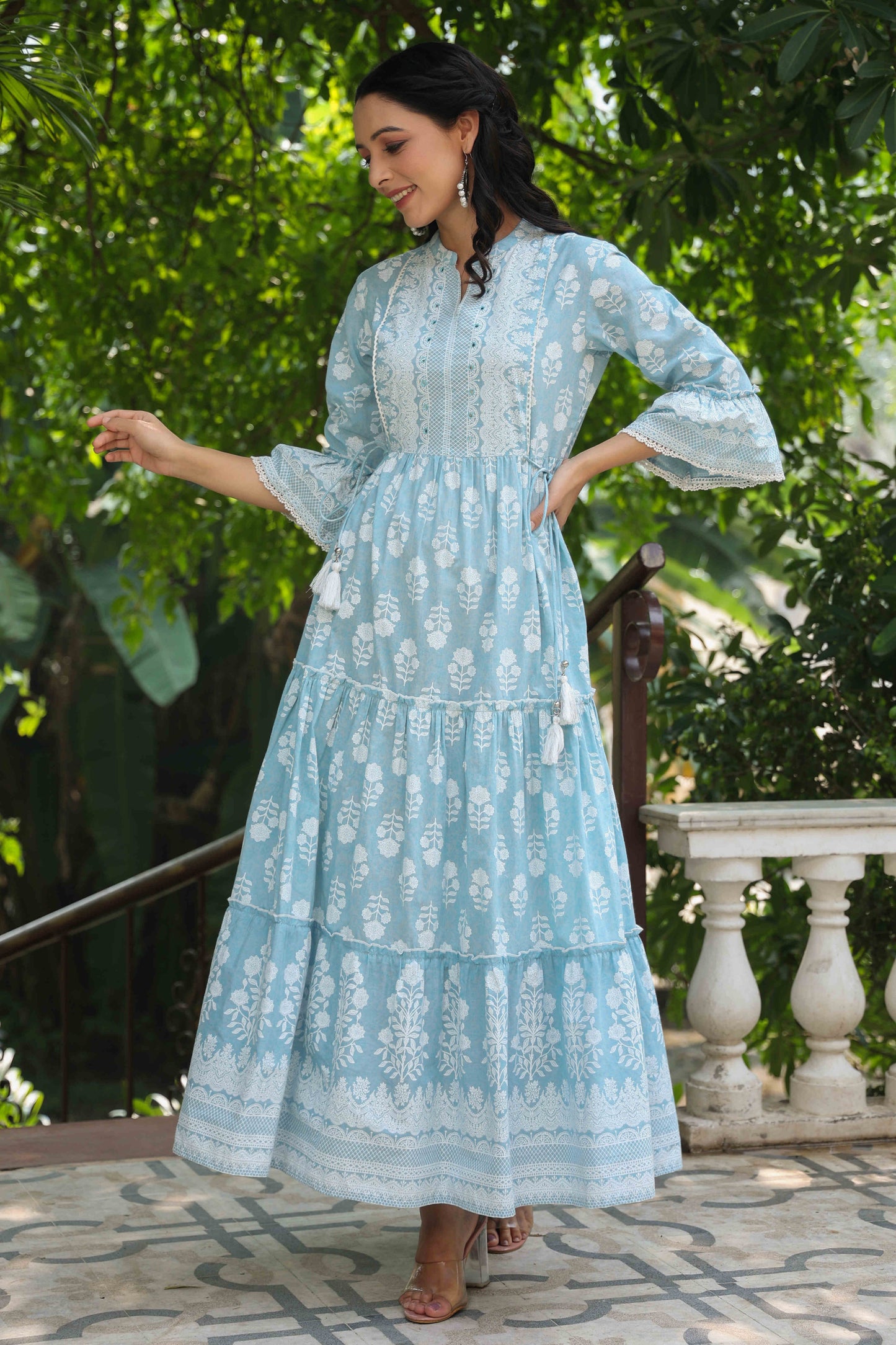 Skyblue Cambric Floral Printed Maxi Tiered Dress