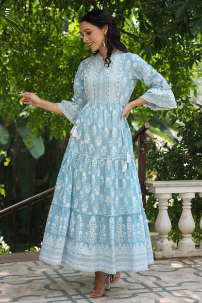 Skyblue Cambric Floral Printed Maxi Tiered Dress