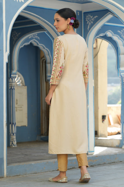 Cream Rayon Staple Placement Printed A-Line Kurta