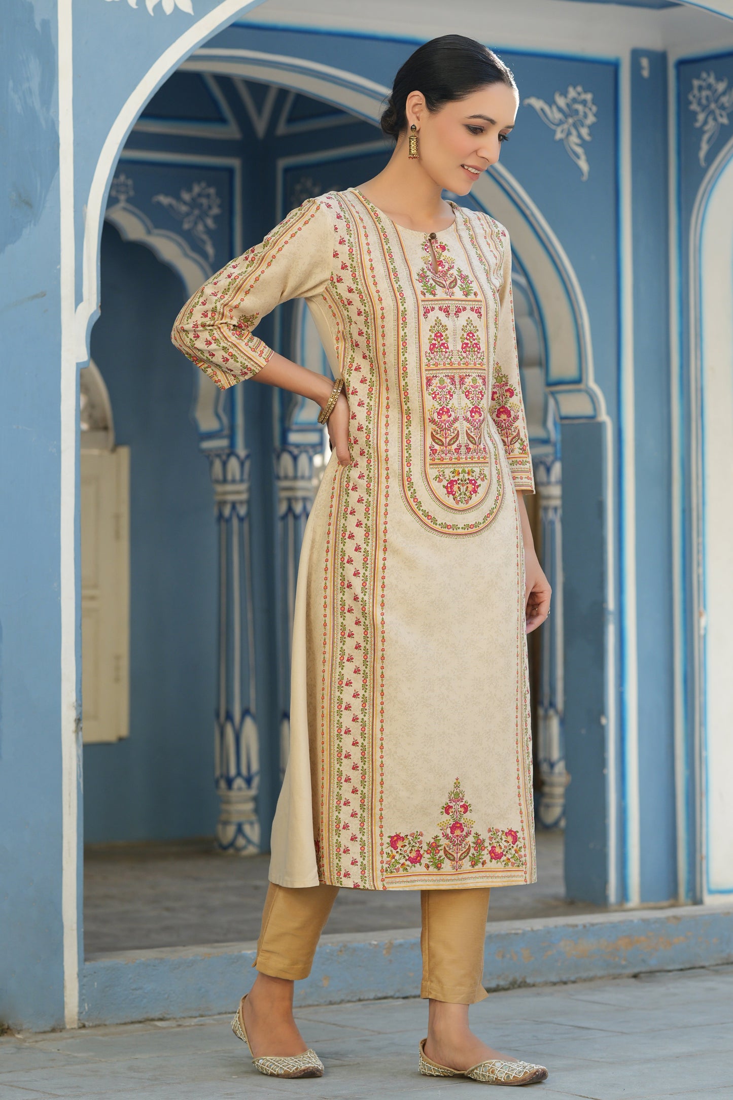Cream Rayon Staple Placement Printed A-Line Kurta