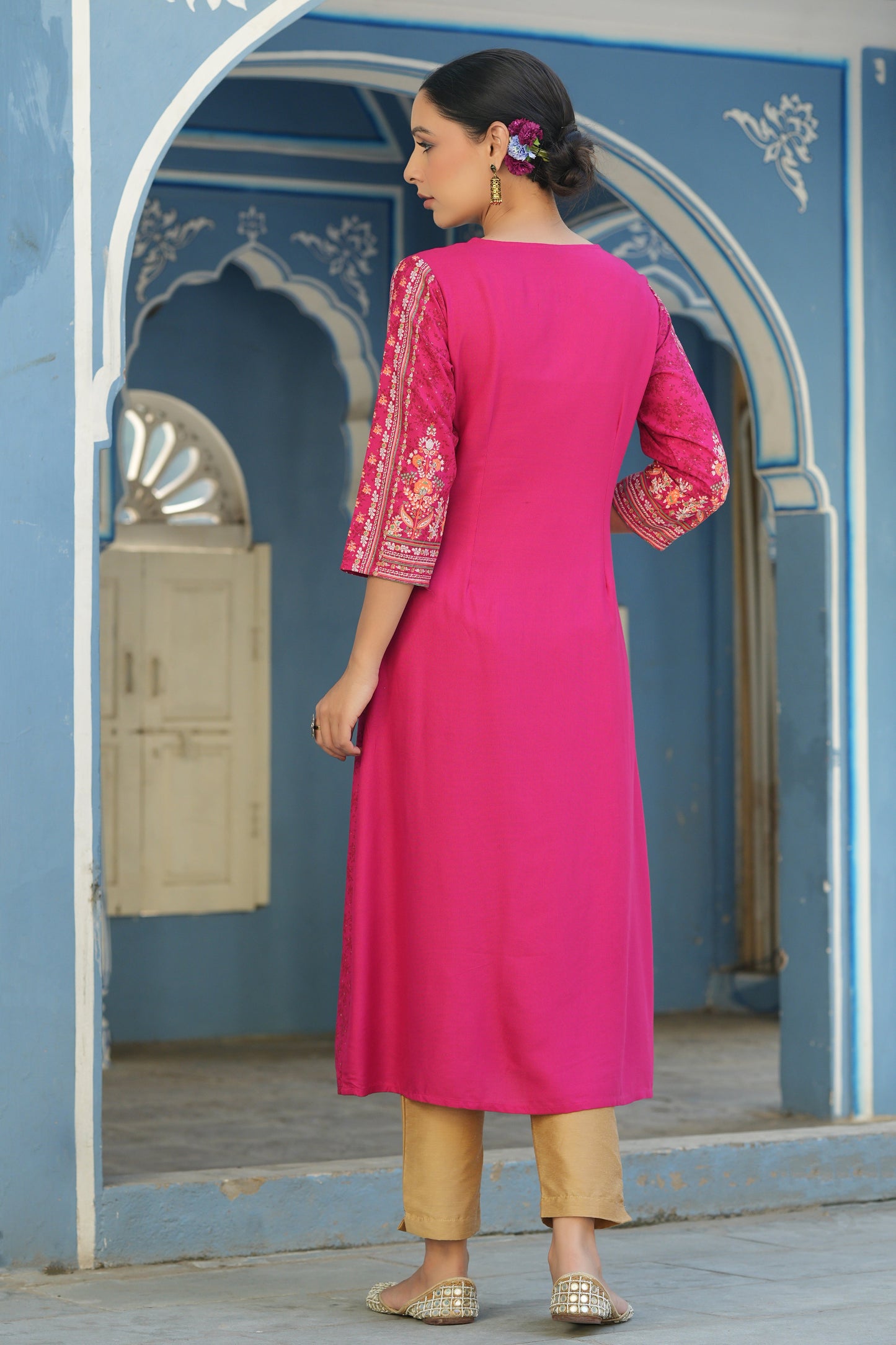 Fuchsia Rayon Staple Placement Printed A-Line Kurta
