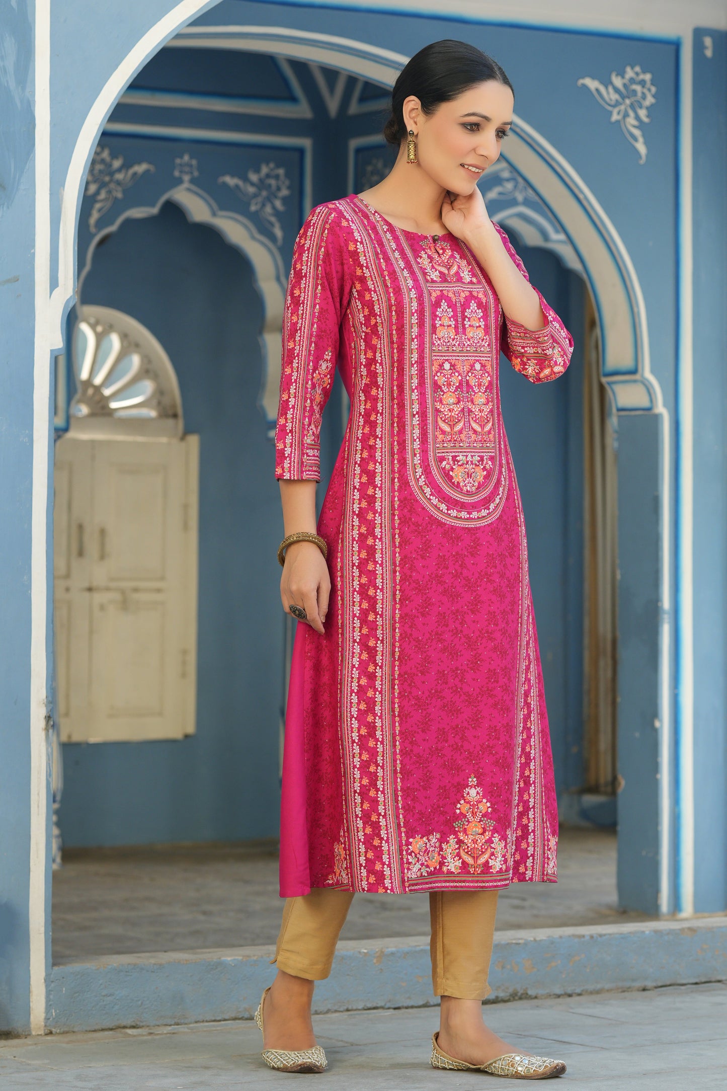 Fuchsia Rayon Staple Placement Printed A-Line Kurta