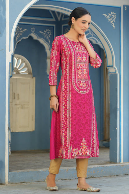 Fuchsia Rayon Staple Placement Printed A-Line Kurta