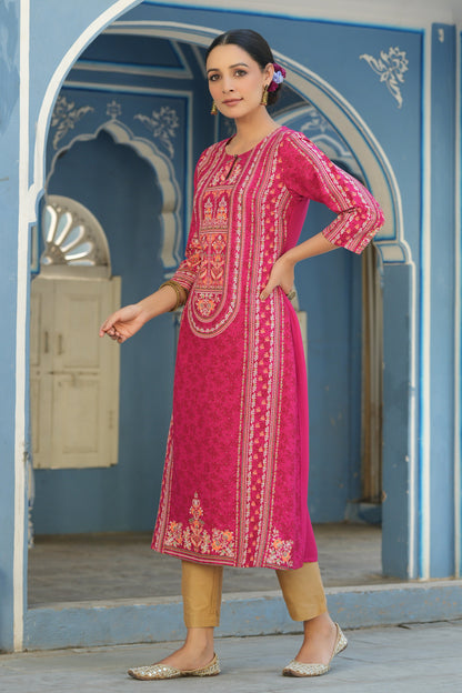 Fuchsia Rayon Staple Placement Printed A-Line Kurta