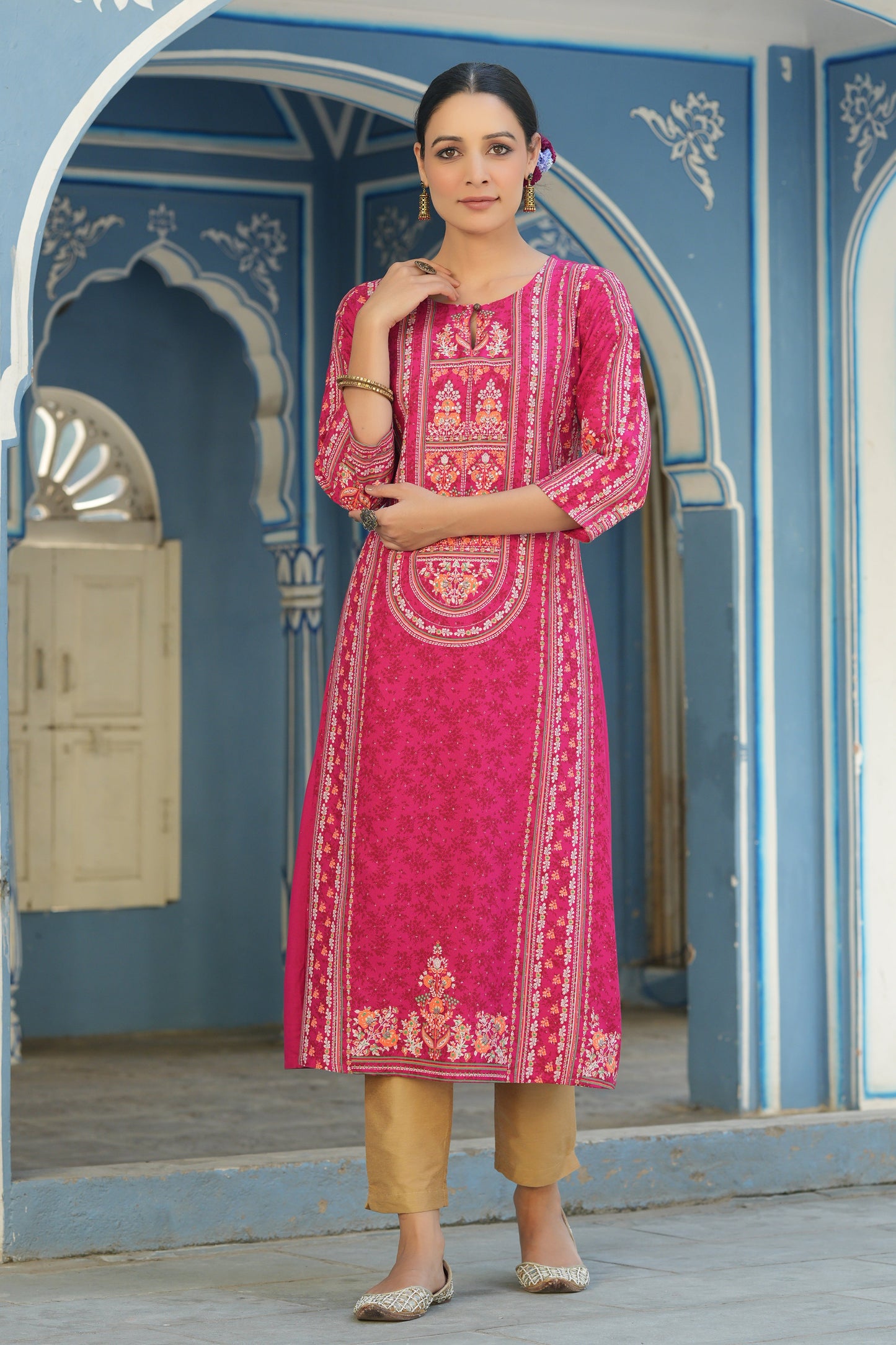 Fuchsia Rayon Staple Placement Printed A-Line Kurta