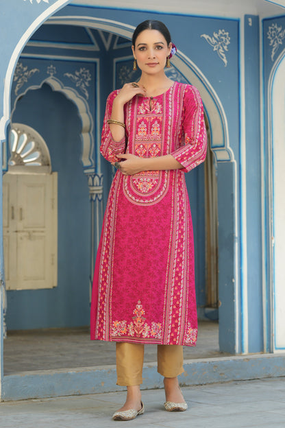 Fuchsia Rayon Staple Placement Printed A-Line Kurta