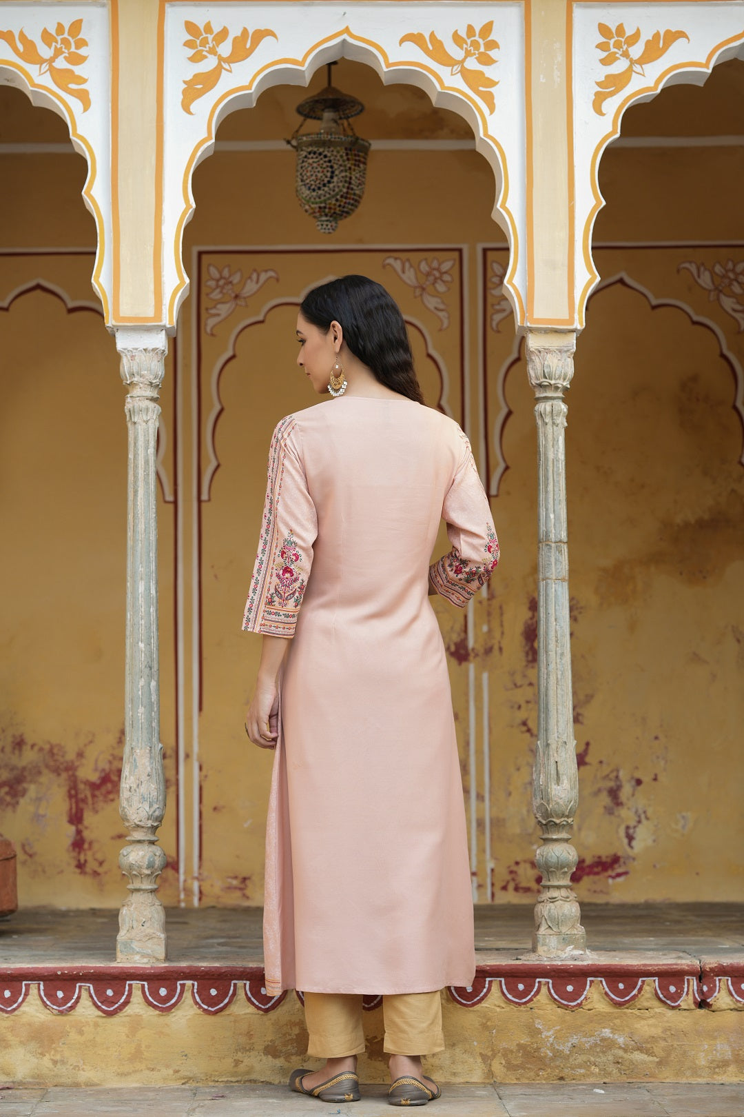 Peach Rayon Staple Printed A-Line Kurta