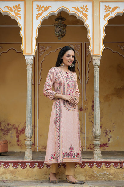 Peach Rayon Staple Printed A-Line Kurta