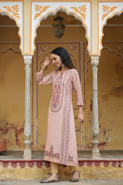 Peach Rayon Staple Printed A-Line Kurta