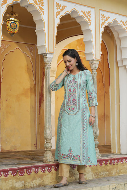 Sky Blue Rayon Staple Printed A-Line Kurta