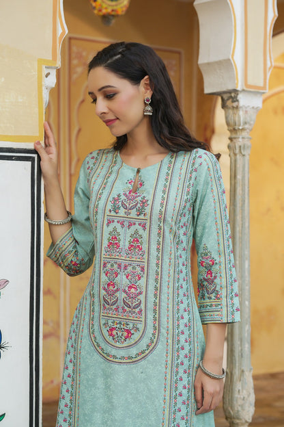 Sky Blue Rayon Staple Printed A-Line Kurta