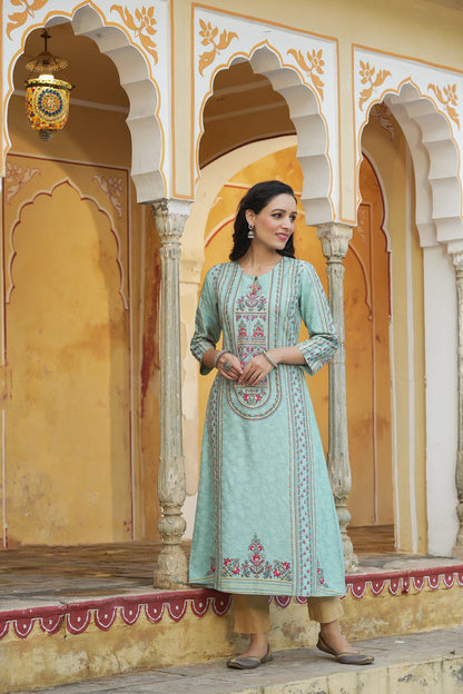 Sky Blue Rayon Staple Printed A-Line Kurta