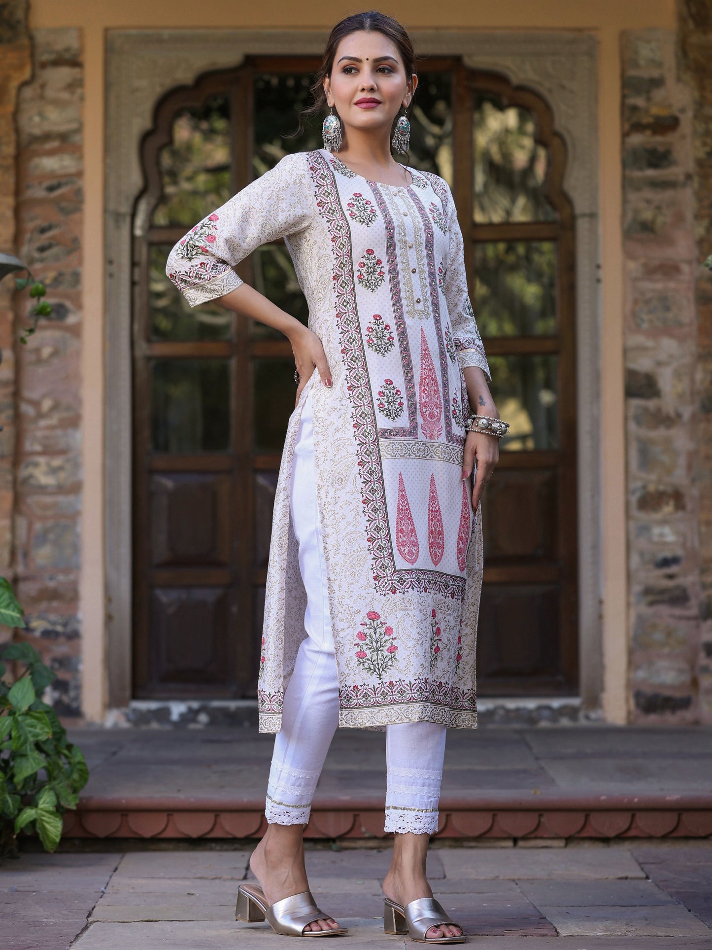 Pink Viscose Shantoon Festive Printed Straight Kurta