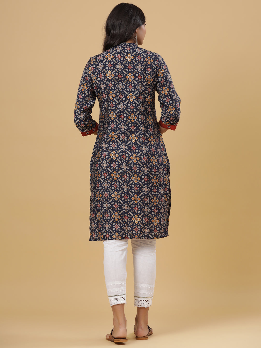 Navy Printed Straight Knee Length Kurta