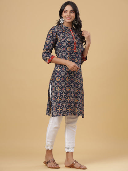 Navy Printed Straight Knee Length Kurta