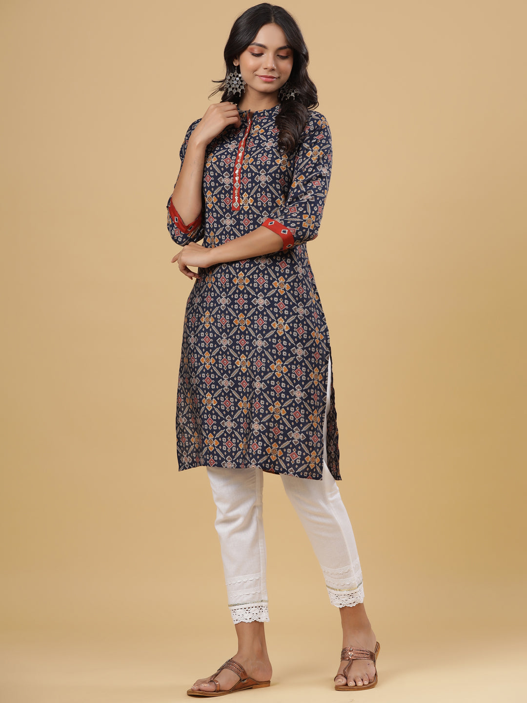 Navy Printed Straight Knee Length Kurta