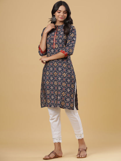 Navy Printed Straight Knee Length Kurta